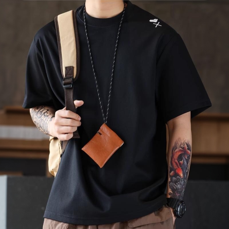 美式休閒愛心刺繡短袖T恤男寬鬆落肩袖簡約圓領打底TEE