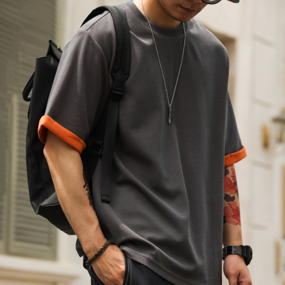 美式休閒雙面异色短袖T恤男230g凉感假兩件肌理感打底衫