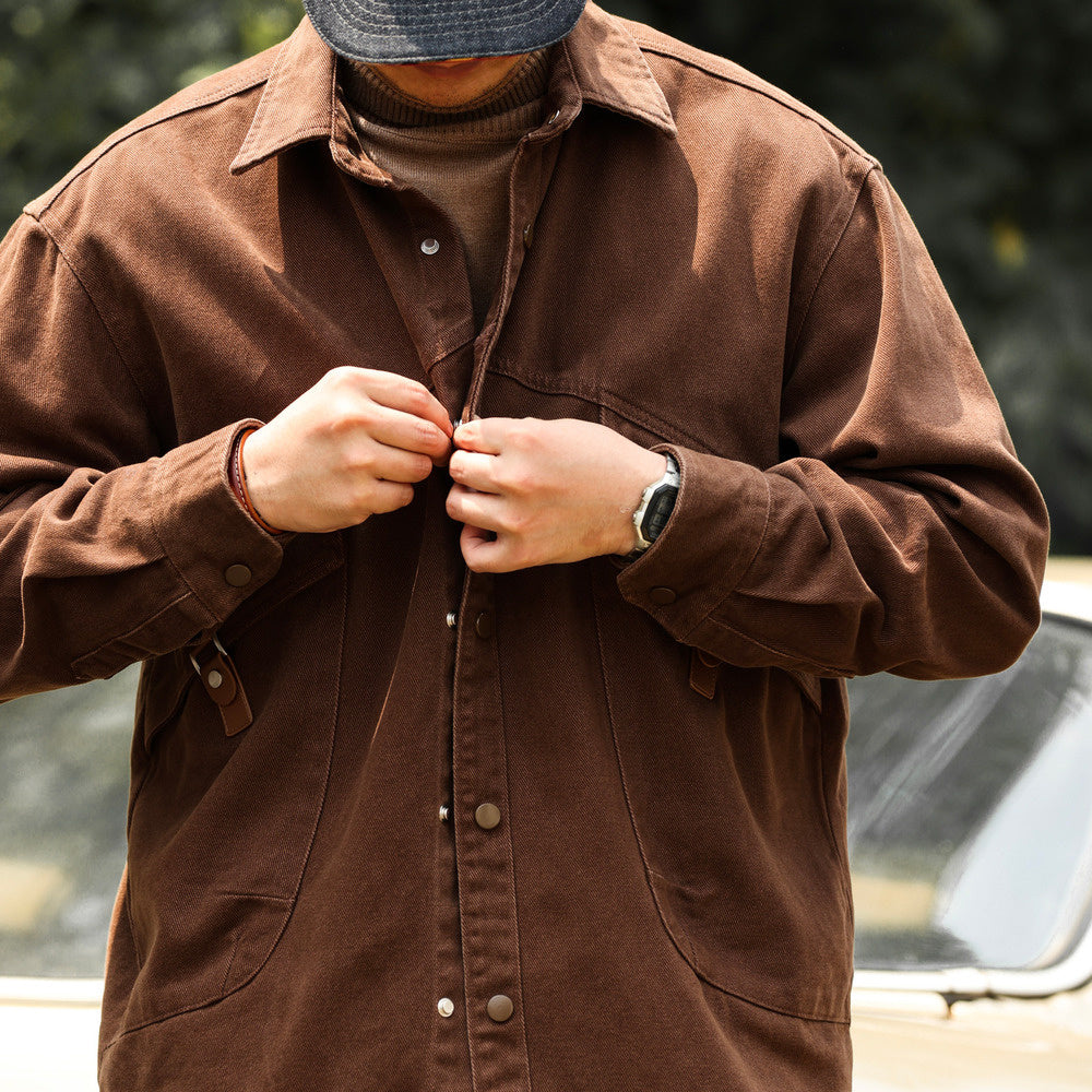 格雷系安可拉紅色襯衫外套男寬鬆巴黎扣斜插口袋工裝襯衣秋-Retro's Wear