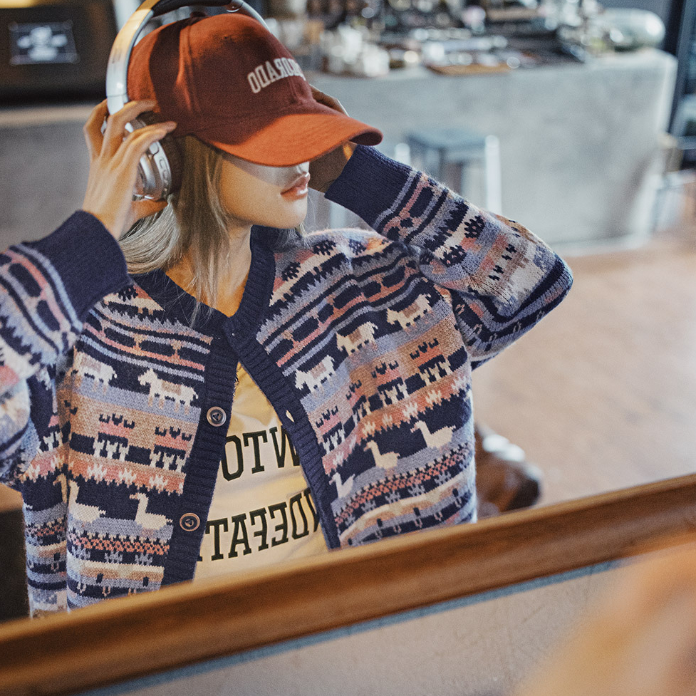 動物圖案復古寬鬆加厚費爾島針織提花毛衣開衫外套上衣女秋冬