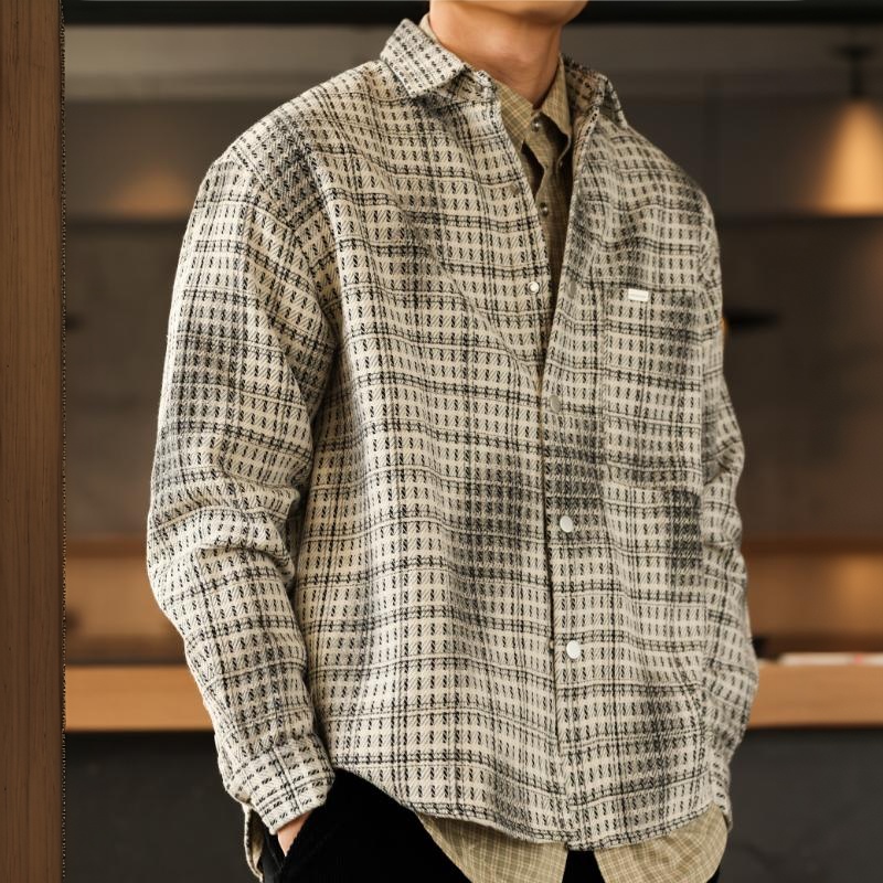 美式復古雙色格紋襯衣夾克男廊型加厚重磅休閒襯衫外套