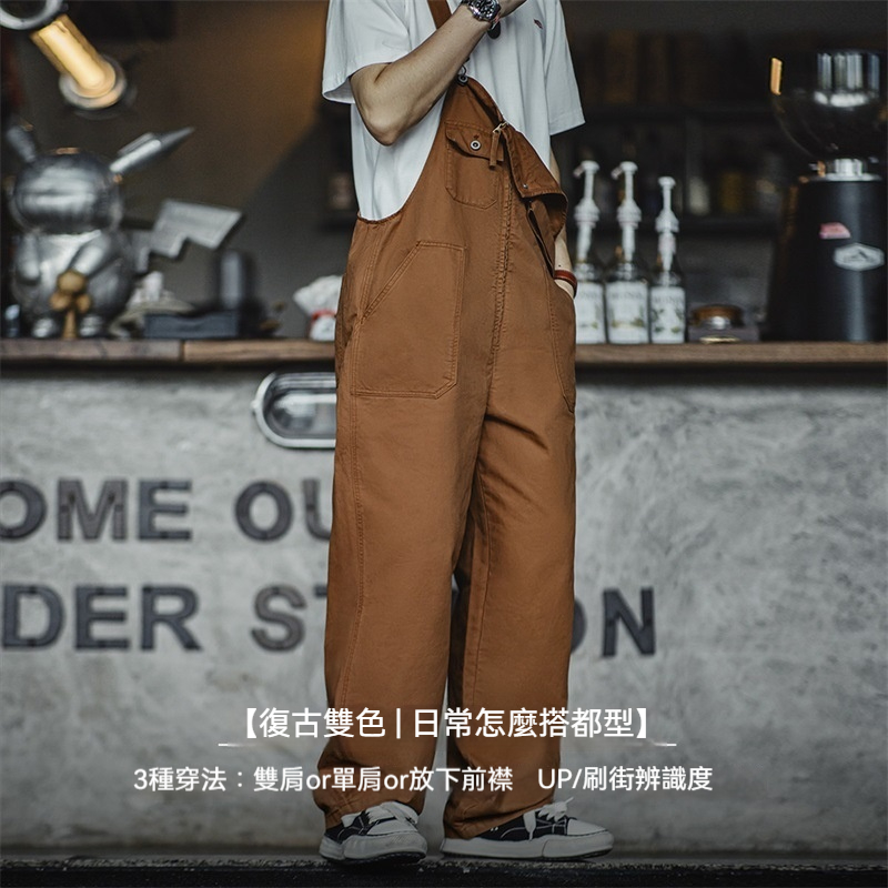 美式復古海軍甲板背帶褲阿美哢嘰吊帶休閒直筒連體褲男夏-Retro's Wear