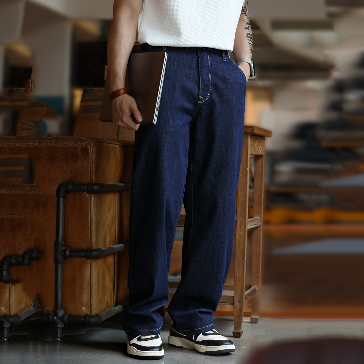 美式復古桑蠶絲原牛色牛仔褲男微彈薄款寬鬆直筒長褲夏