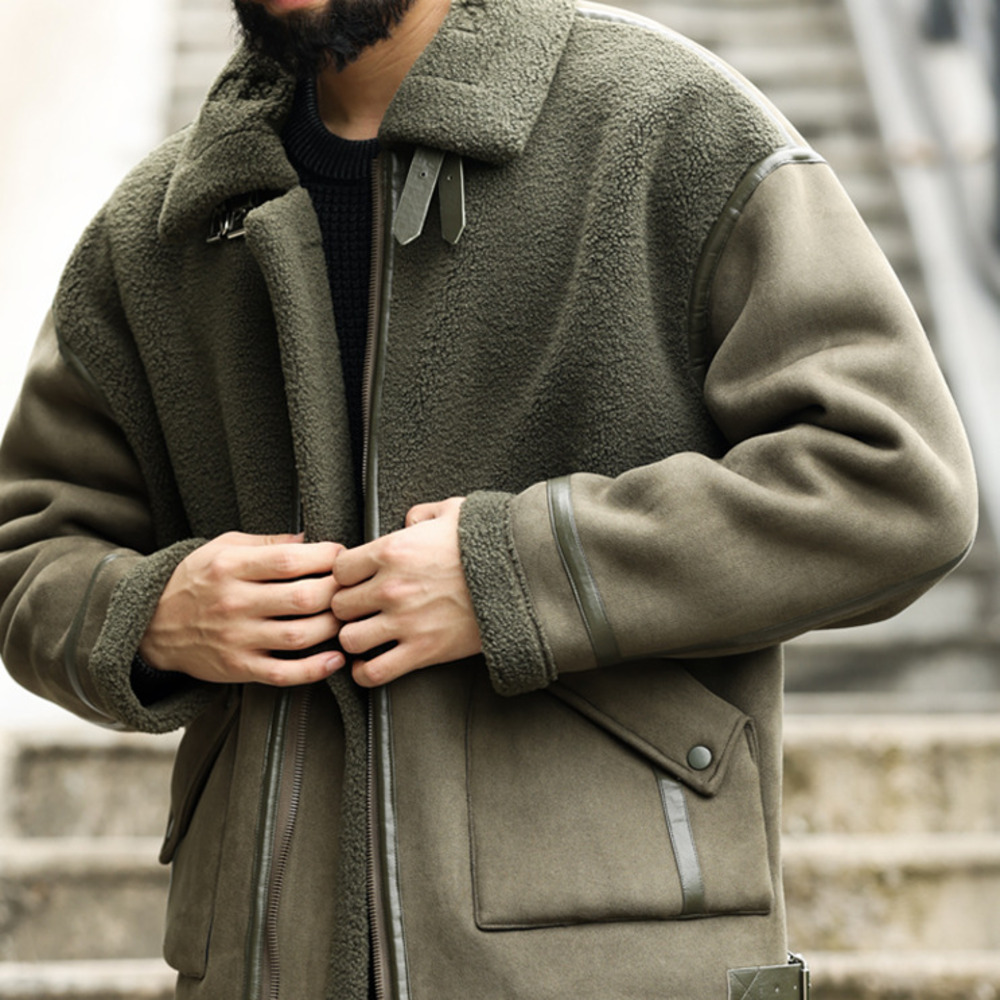 美式皮毛一體羊羔絨毛領外套男加厚保暖麂皮絨拼接夾克