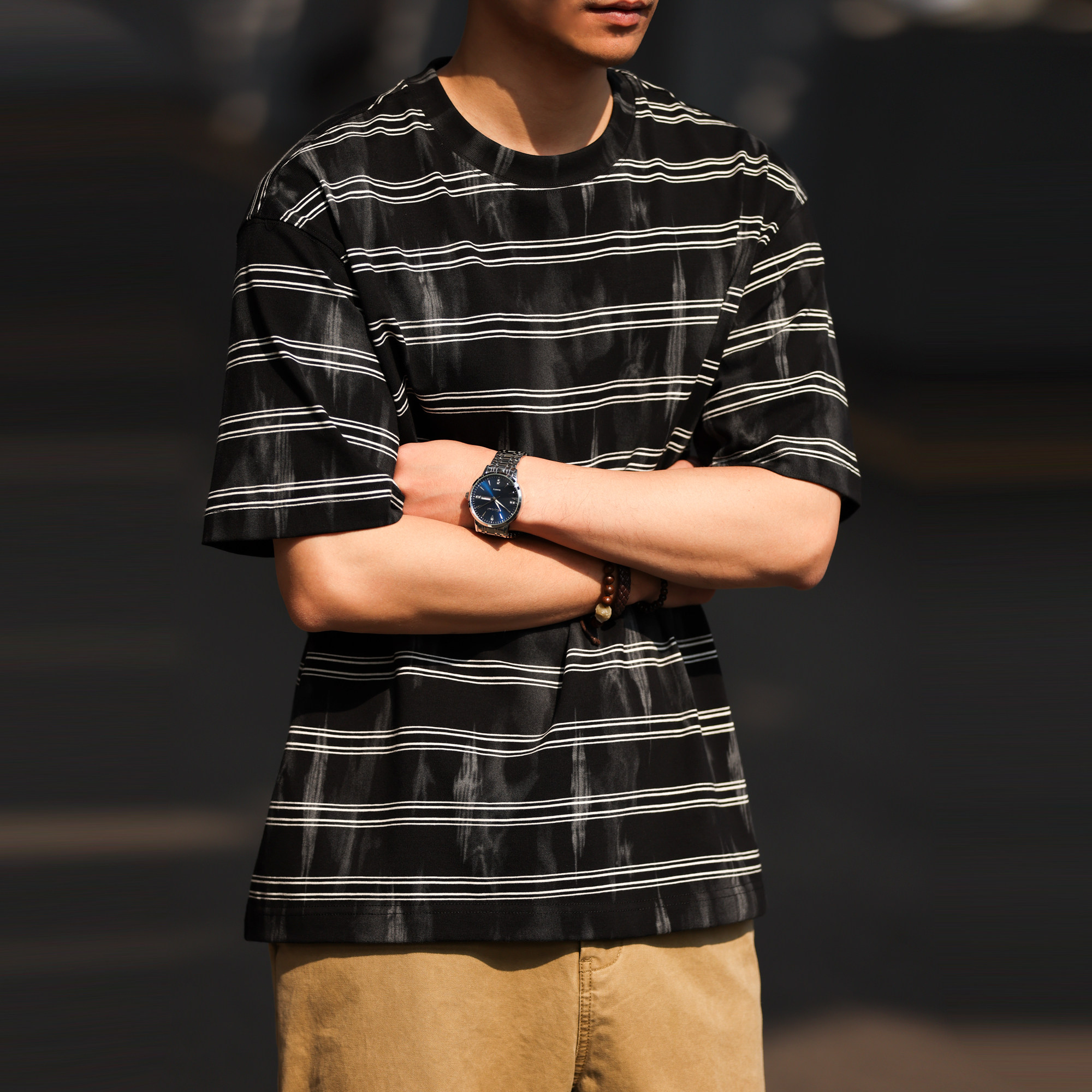 日系復古輕量感條紋短袖T恤男210g寬鬆休閒圓領打底衫春