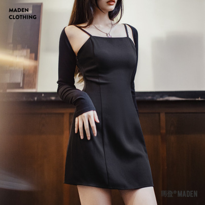 夏日赫本風無袖吊帶連衣裙性感純禦風一字領解構感顯瘦裙子女