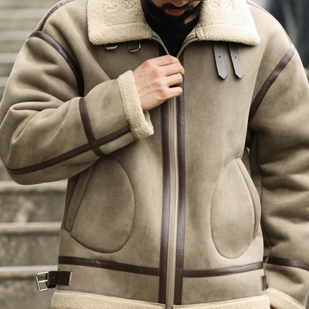 美式復古拼接麂皮絨棉衣外套男加厚保暖羊羔絨機車夾克