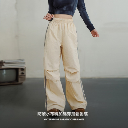 美式條紋傘兵褲防潑水戶外運動直筒褲闊腿工裝褲街舞褲春秋女-Retro's Wear
