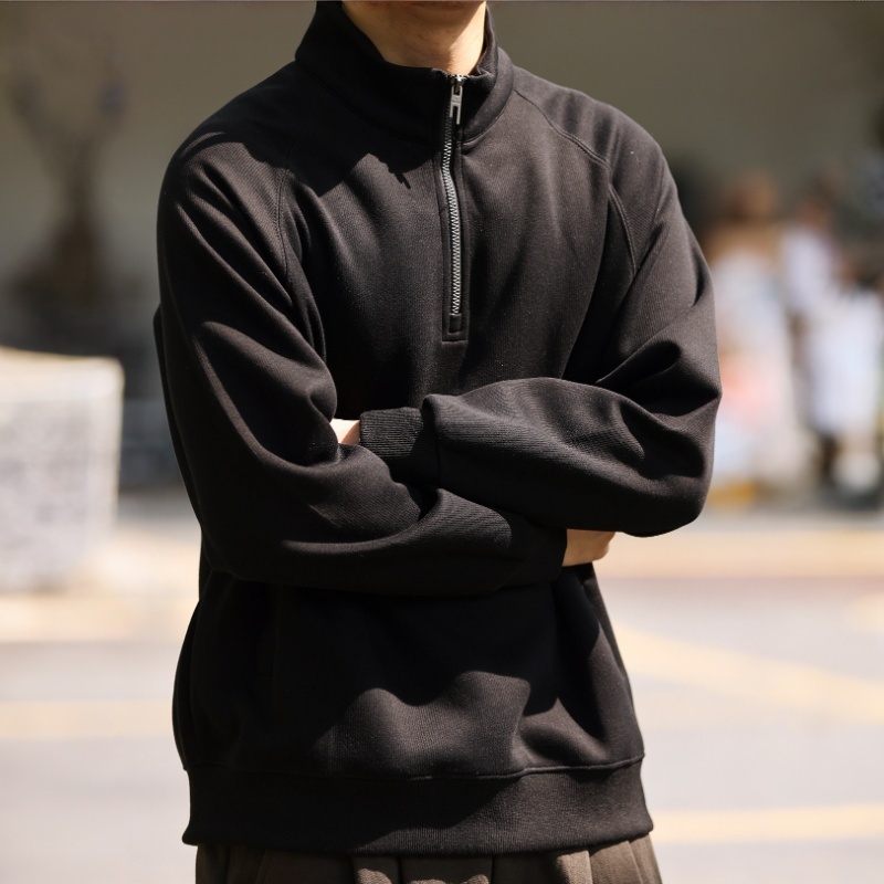 美式萊賽爾半拉鍊立領休閒衛衣男士寬鬆插肩袖休閒上衣