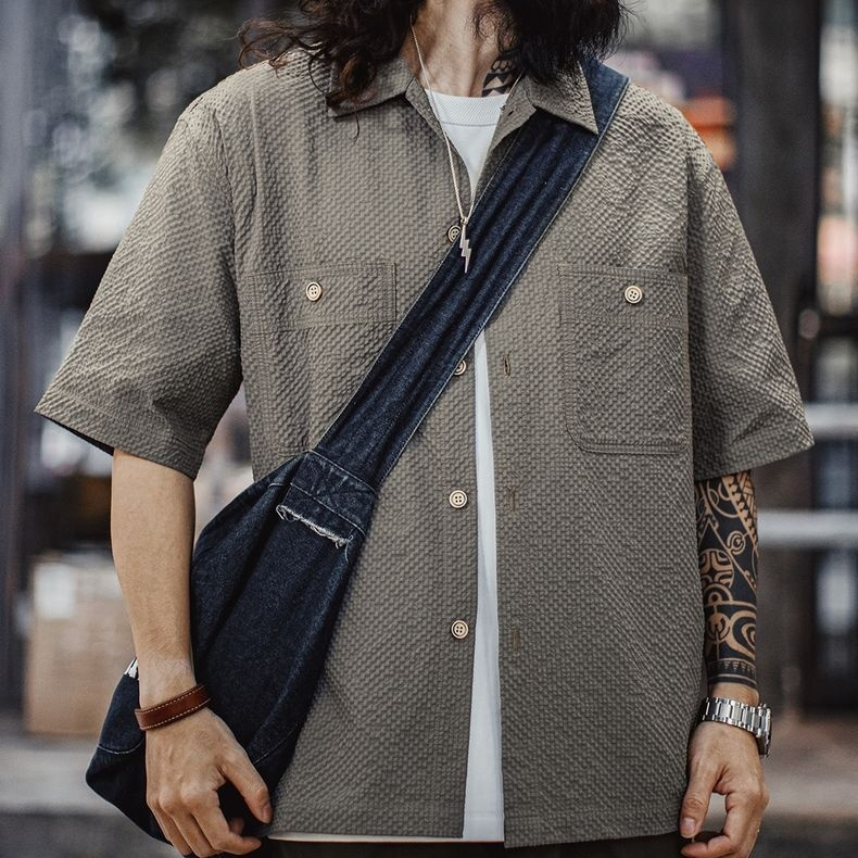 美式休閒AIRY空氣感泡泡紗襯衫透氣薄款襯衣外套男春夏