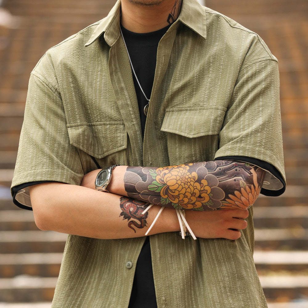 美式復古泡泡紗短袖襯衫男雙口袋暗紋翻領120g工裝襯衣