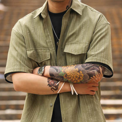 美式復古泡泡紗短袖襯衫男雙口袋暗紋翻領120g工裝襯衣