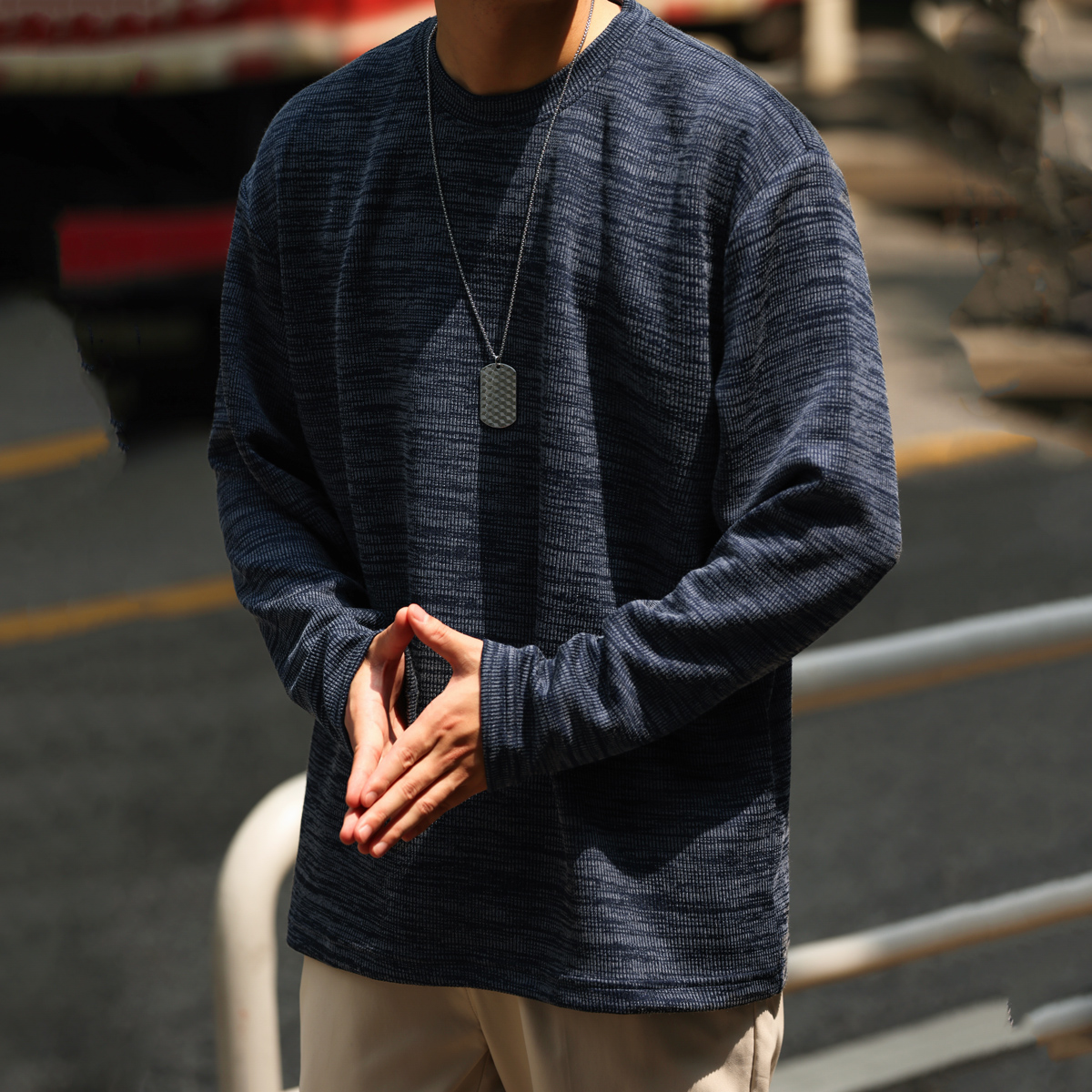 美式復古300g重磅長袖T恤男慵懶感色織紋理休閒打底衫