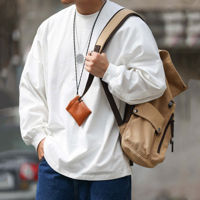 美式休閒重磅拼接袖籠長袖T恤男純棉寬鬆圓領磨瓷白色打底衫-Retro's Wear