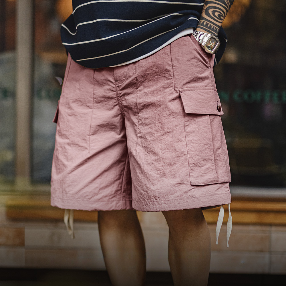 山系速幹短褲美式大口袋梭織寬鬆直筒粉色薄款短褲男夏季