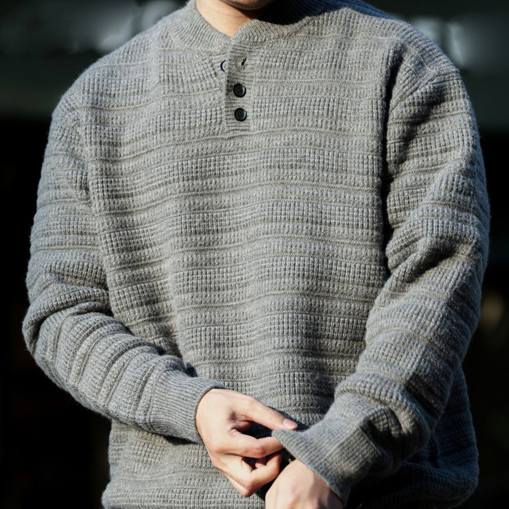 美式慵懶風亨利領針織毛衣男850g重磅復古肌理感上衣-Retro's Wear