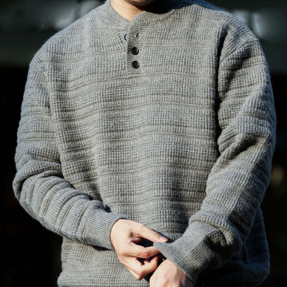 美式慵懶風亨利領針織毛衣男850g重磅復古肌理感上衣-Retro's Wear