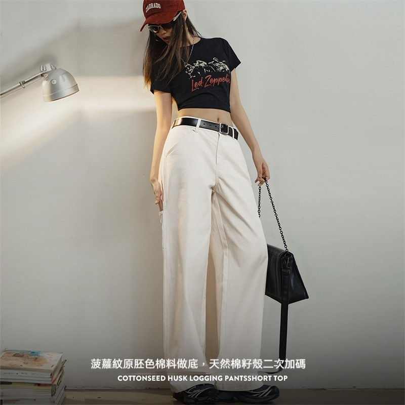 棉籽殼白色伐木工直筒褲純棉百搭休閒褲美式復古工裝褲夏季女-Retro's Wear