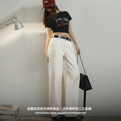 棉籽殼白色伐木工直筒褲純棉百搭休閒褲美式復古工裝褲夏季女-Retro's Wear