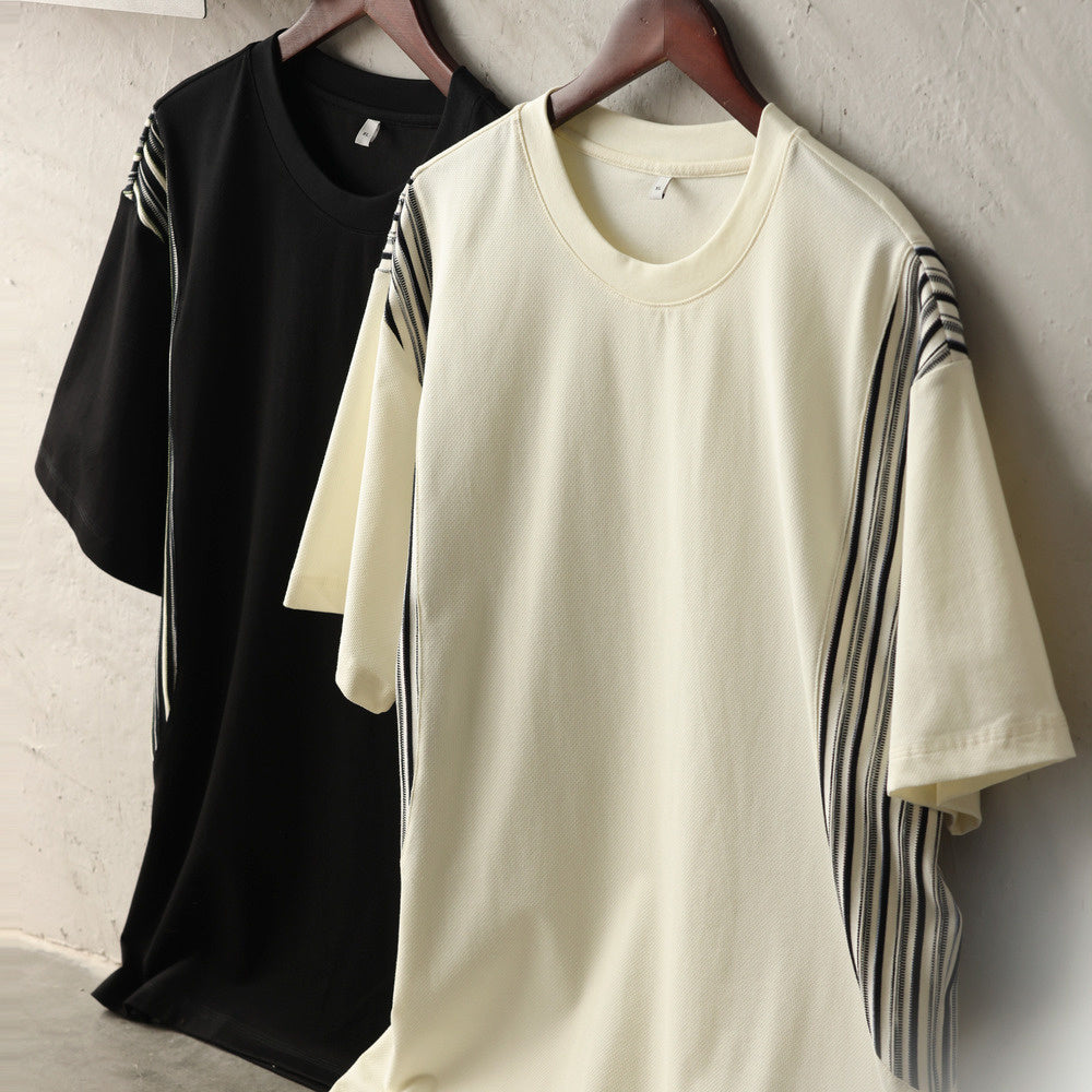 美式休閒提花條紋拼接短袖T恤男寬鬆200g凉感圓領打底衫