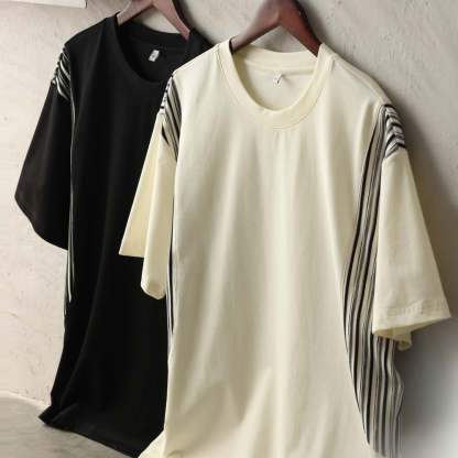 美式休閒提花條紋拼接短袖T恤男寬鬆200g凉感圓領打底衫