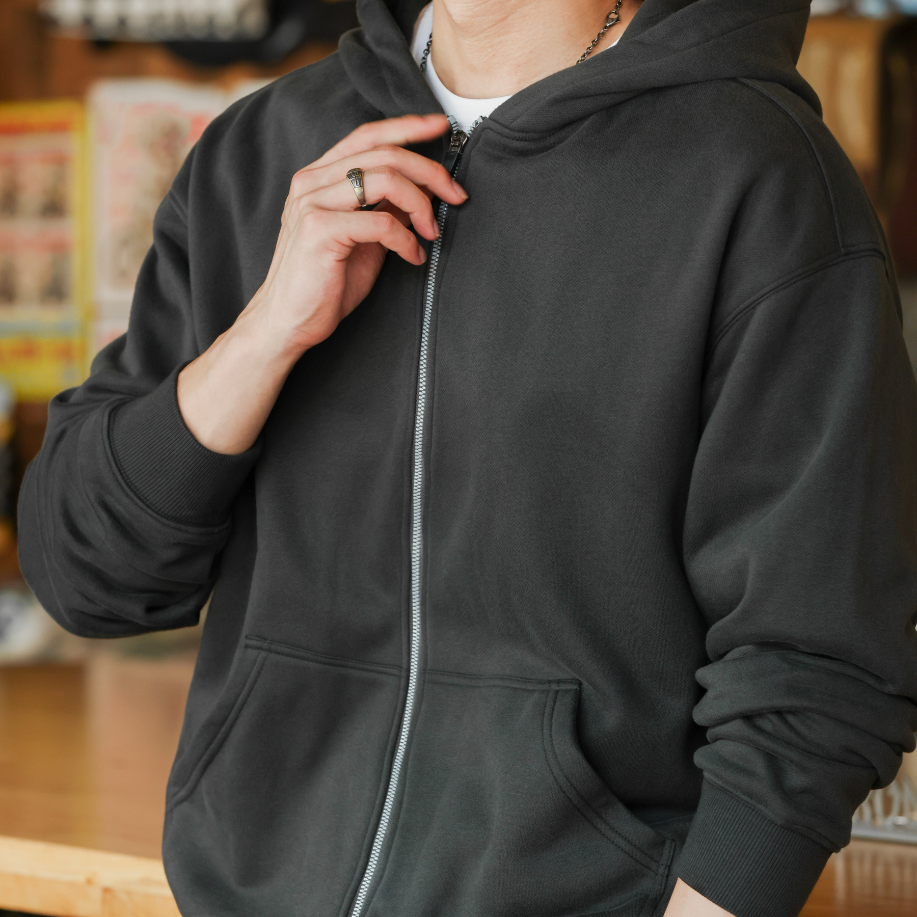 美式復古拉鍊連帽開衫衛衣男350g重磅針織磨毛絨感外套