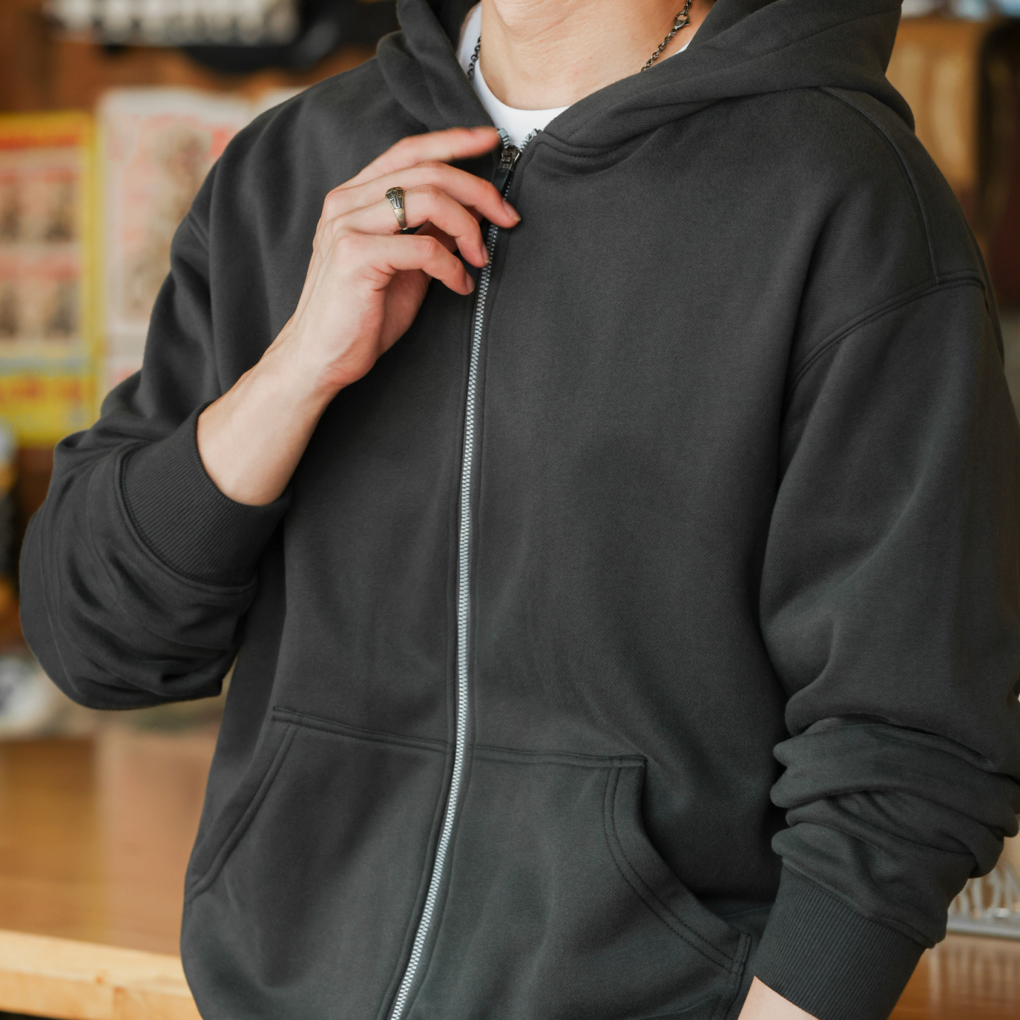 美式復古拉鍊連帽開衫衛衣男350g重磅針織磨毛絨感外套