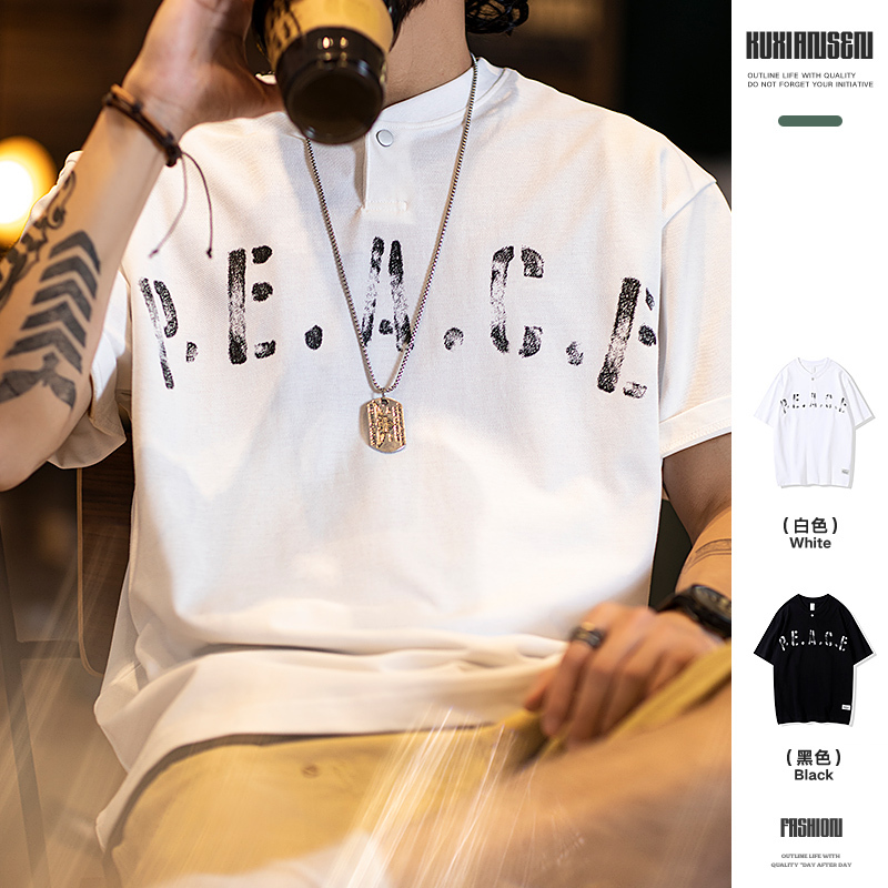 美式休閒印花短袖t恤男2025夏季新款亨利領polo衫微寬鬆純棉半袖