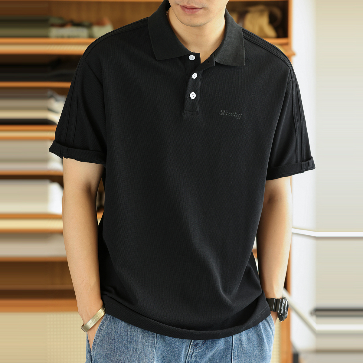 美式休閒230g短袖POLO衫男透氣蜂窩肌理感刺繡翻領T恤夏