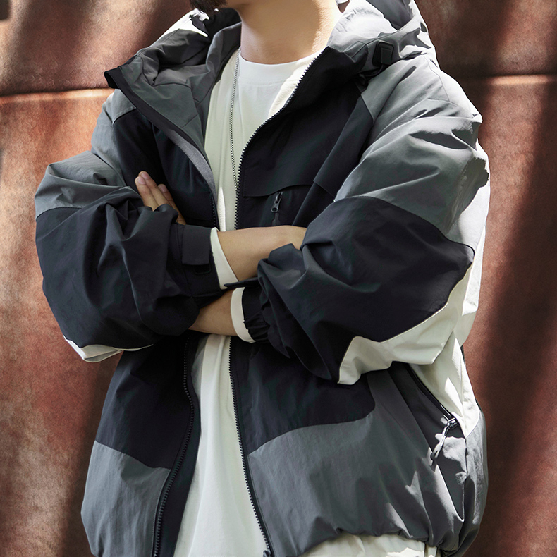 撞色拼接運動風衝鋒衣夾克男2025秋季新款寬鬆連帽防風工裝外套