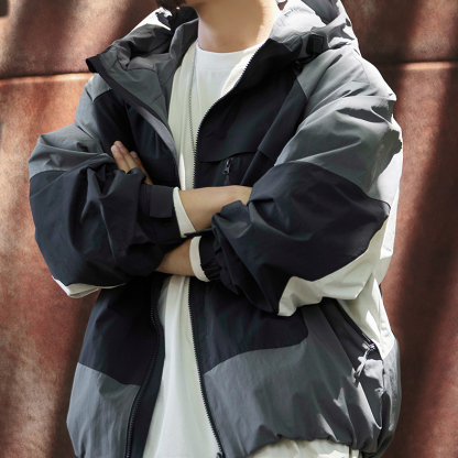 撞色拼接運動風衝鋒衣夾克男2025秋季新款寬鬆連帽防風工裝外套