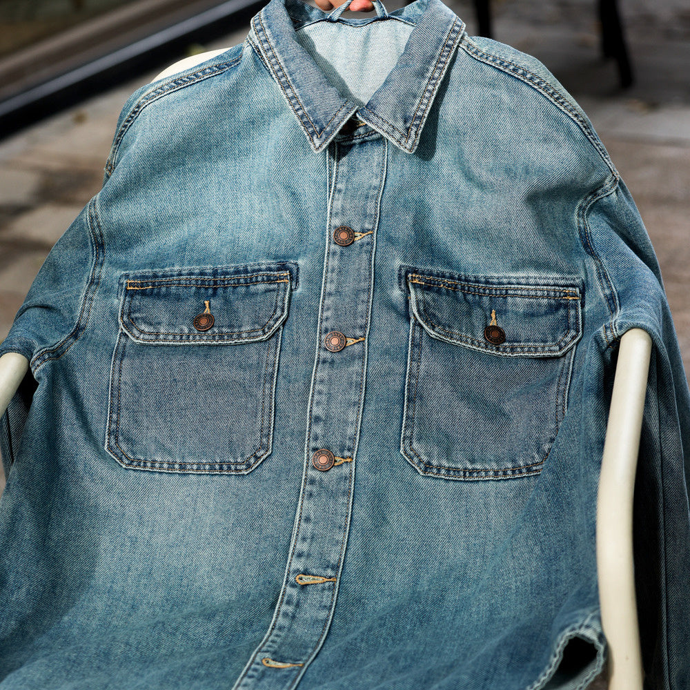 美式復古水洗9.5盎司牛仔襯衫萊賽爾翻領外搭工裝夾克外套秋-Retro's Wear