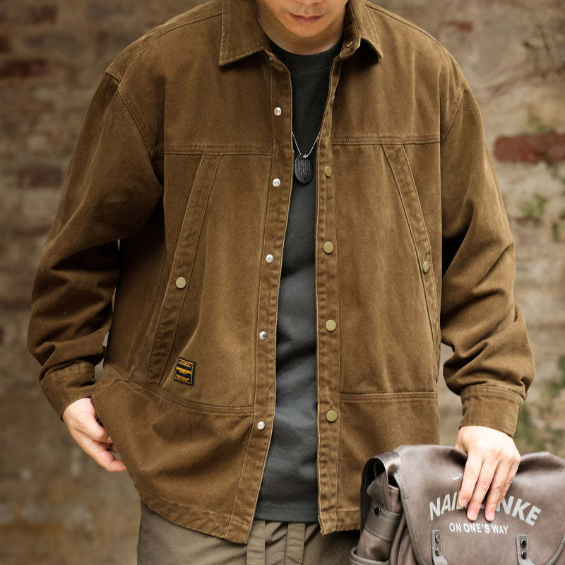 日系復古工裝斜插大口袋襯衫外套男休閒戶外重磅獵裝夾克秋-Retro's Wear