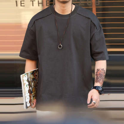 美式拼接裁剪休閒短袖T恤男寬鬆純棉圓領運動TEE夏