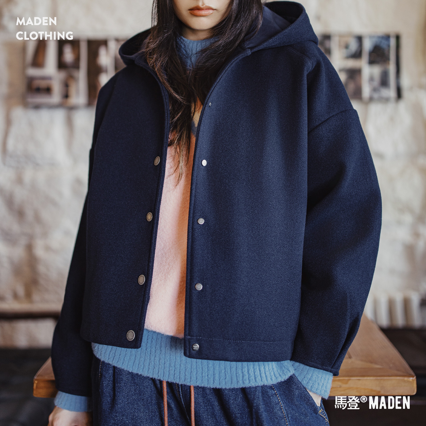 復古藏青色收腰休閒加厚防風連帽毛呢呢子外套開衫上衣女秋冬