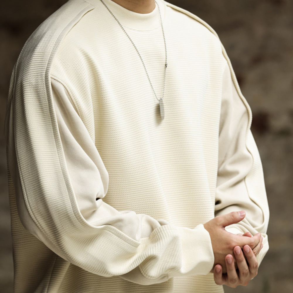 秋季美式休閒提花方格設計感圓領衛衣男拼接袖子疊穿套頭上衣-Retro's Wear