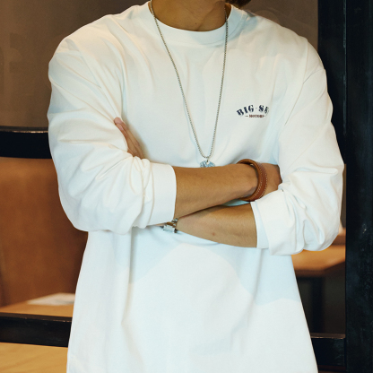 305g重磅純棉長袖t恤男2025秋季新款精梳棉美式印花圓領打底衫