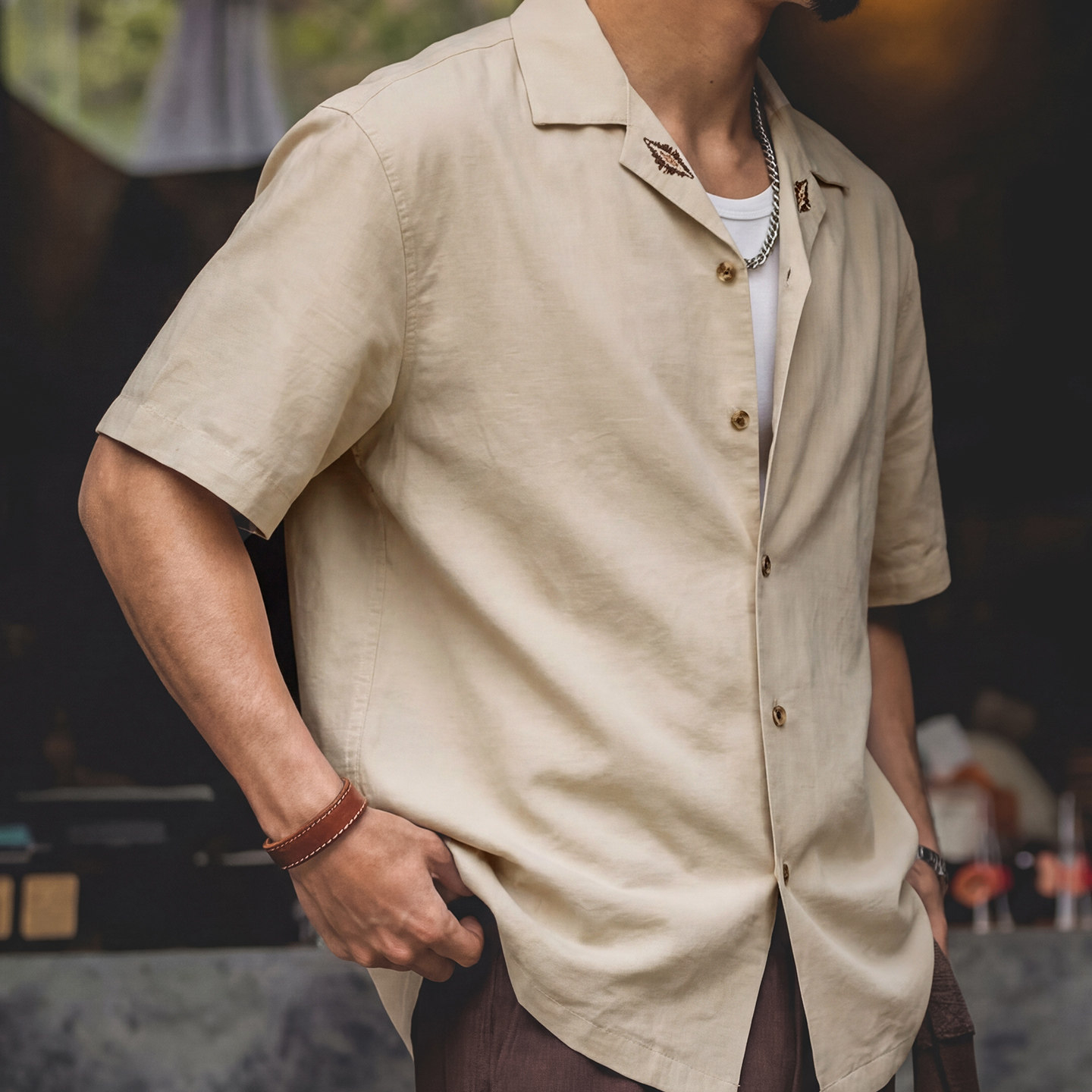 美式復古古巴領短袖襯衫男夏季萊賽爾透氣休閒開衫設計感刺繡襯衣