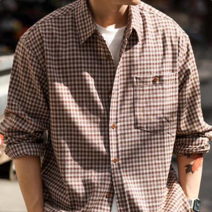 法式復古磨毛小格子長袖襯衫男寬鬆休閒口袋高級感襯衣外套-Retro's Wear