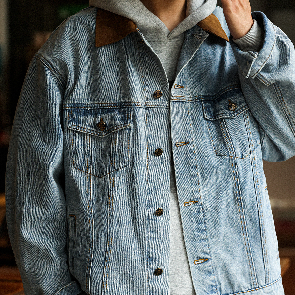 巴恩風麂皮絨翻領牛仔夾克男美式復古做舊vintage外套