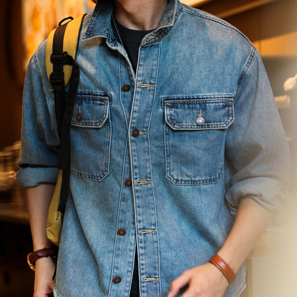 美式復古水洗9.5盎司牛仔襯衫萊賽爾翻領外搭工裝夾克外套秋-Retro's Wear