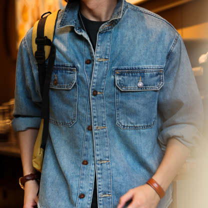 美式復古水洗9.5盎司牛仔襯衫萊賽爾翻領外搭工裝夾克外套秋-Retro's Wear