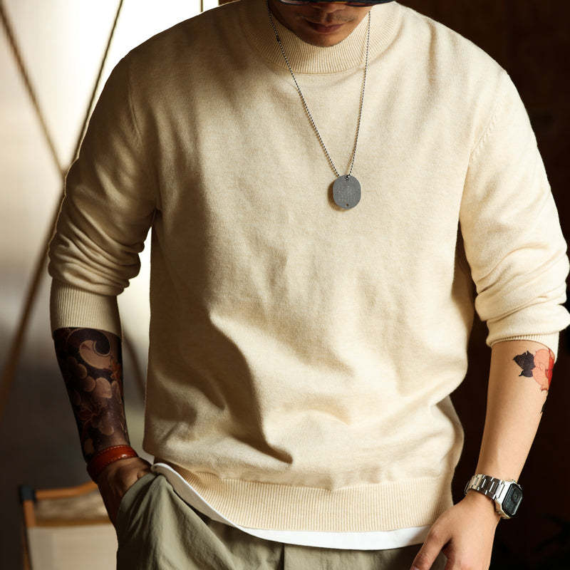 美式休閒半高領毛衣男保暖內搭阿美哢嘰長袖復古針織打底衫-Retro's Wear