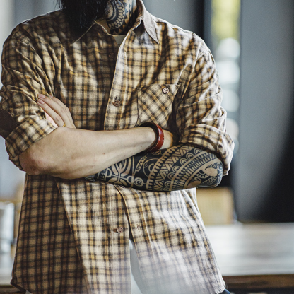 美式復古蘇格蘭格紋長袖襯衫燈芯絨拼接翻領格子襯衣男秋-Retro's Wear