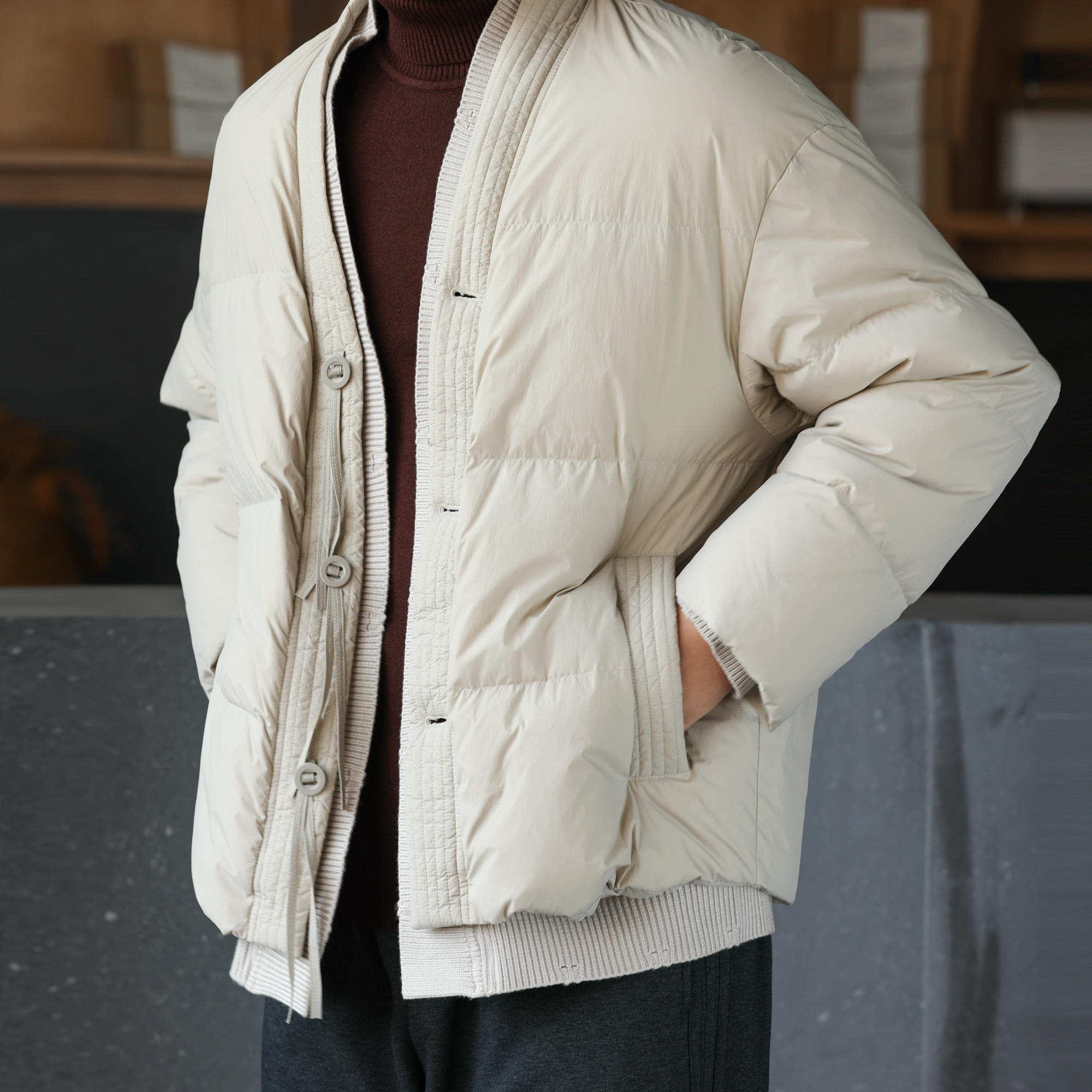 新中式道袍領羽絨服男90絨針織拼接假兩件設計保暖外套