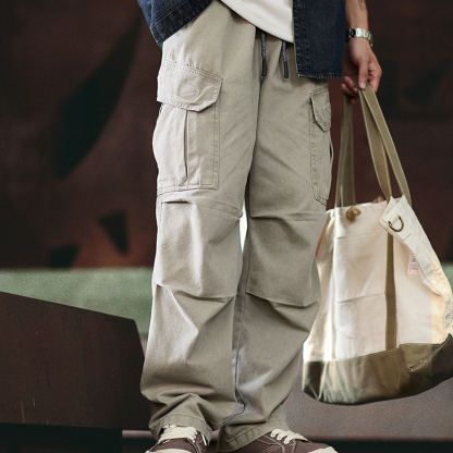 純棉水洗直筒工裝褲男2025秋季新款寬鬆傘兵褲美式闊腿休閒褲子