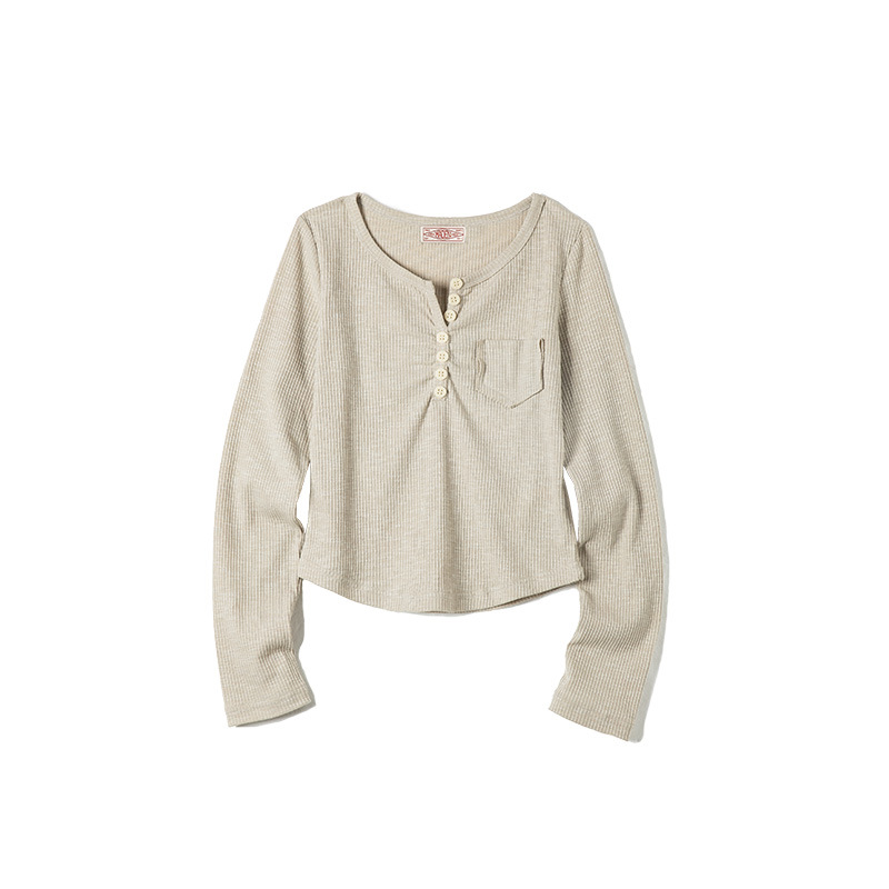 美式復古針織長袖T恤圓弧下擺修身顯瘦短款打底亨利衫-Retro's Wear