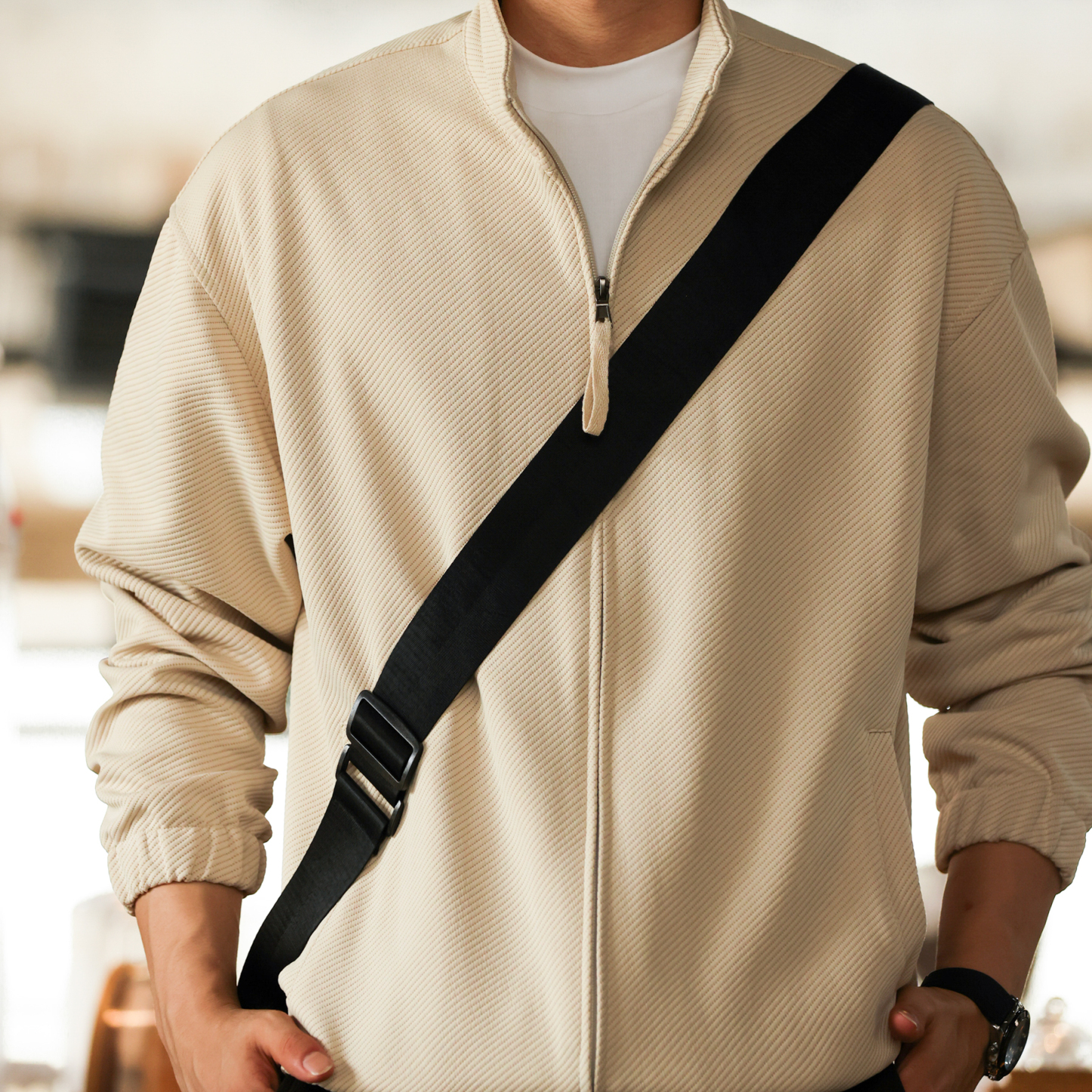 美式休閒斜紋肌理拉鍊立領夾克男落肩百搭寬鬆開衫外套