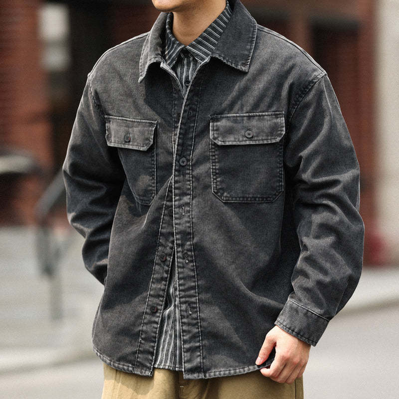 美式休閒水洗長袖燈芯絨襯衣男疊穿外搭16坑條絨肌理感襯衫-Retro's Wear