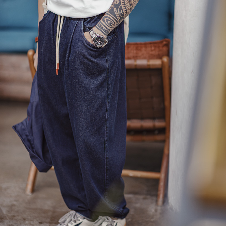 美式休閒Jogger丹寧牛仔褲vibe鬆緊腰抽繩水洗直筒褲男秋-Retro's Wear